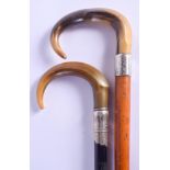 TWO 19TH CENTURY BUFFALO HORN HANDLED WALKING CANES. 88 cm long. (2)