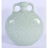 A CHINESE TWIN HANDLED CELADON MOON PILGRIM FLASK 20th Century, bearing Qianlong marks to base, deco