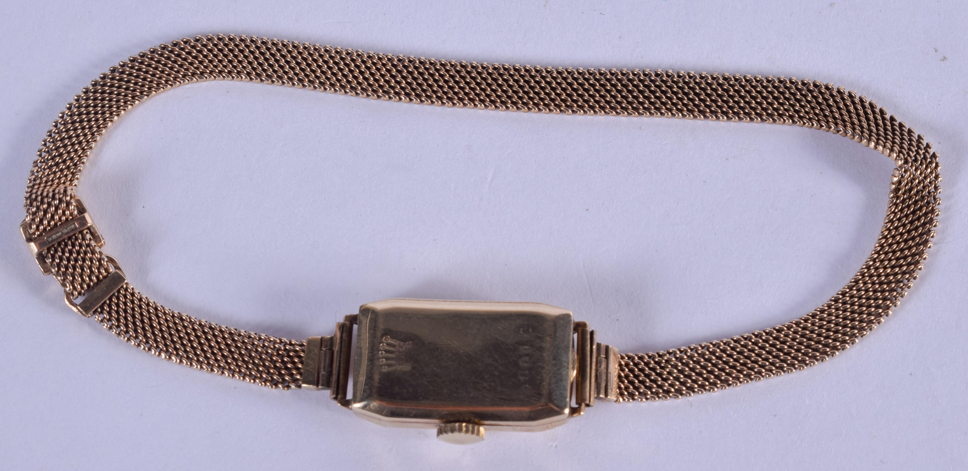 A VINTAGE 9CT GOLD ROLEX WRISTWATCH with 9ct gold strap. 15 grams overall. Dial 1.25 cm x 2.25 cm. - Image 2 of 3