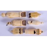 SIX 18TH/19TH CENTURY CONTINENTAL IVORY AND BONE WHISTLES. Largest 8 cm long. (6)
