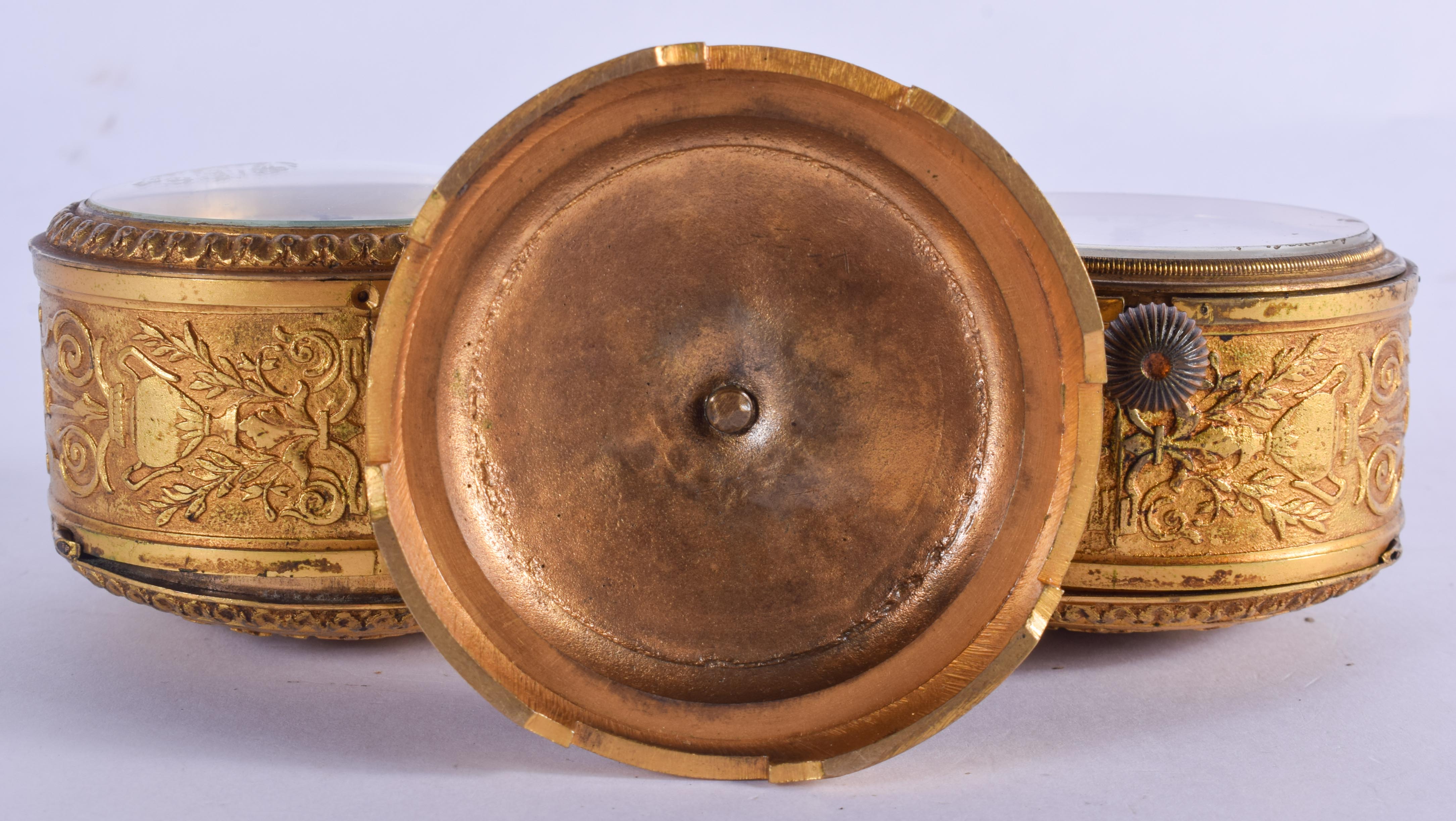 A 19TH CENTURY EUROPEAN GILT METAL CASED BAROMETER CLOCK DESK STAND. 15 cm x 11 cm. - Image 5 of 5