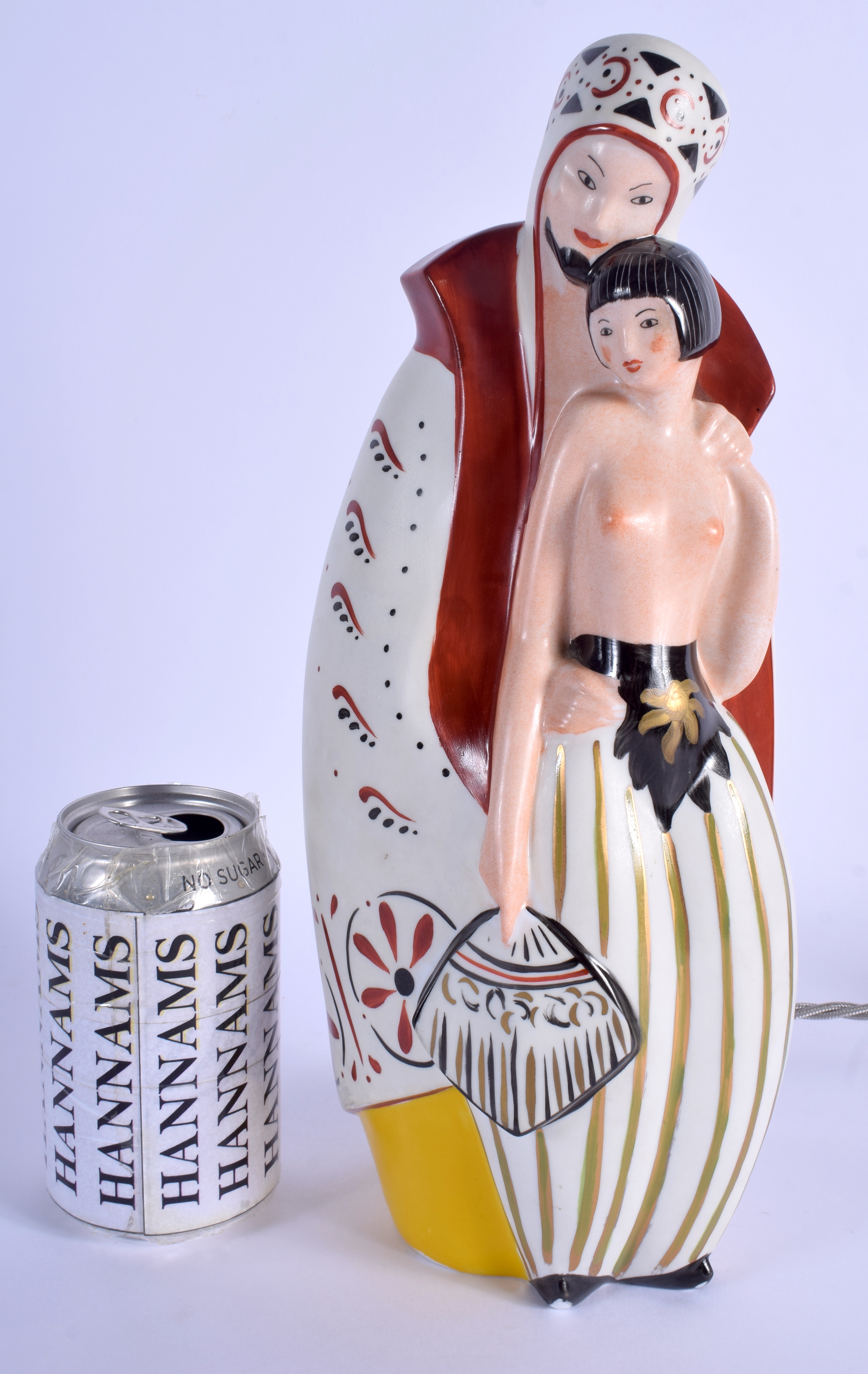 A RARE VINTAGE LIMOGES ENAMEL PORCELAIN LAMP modelled as a male and a nude female. 32 cm high.