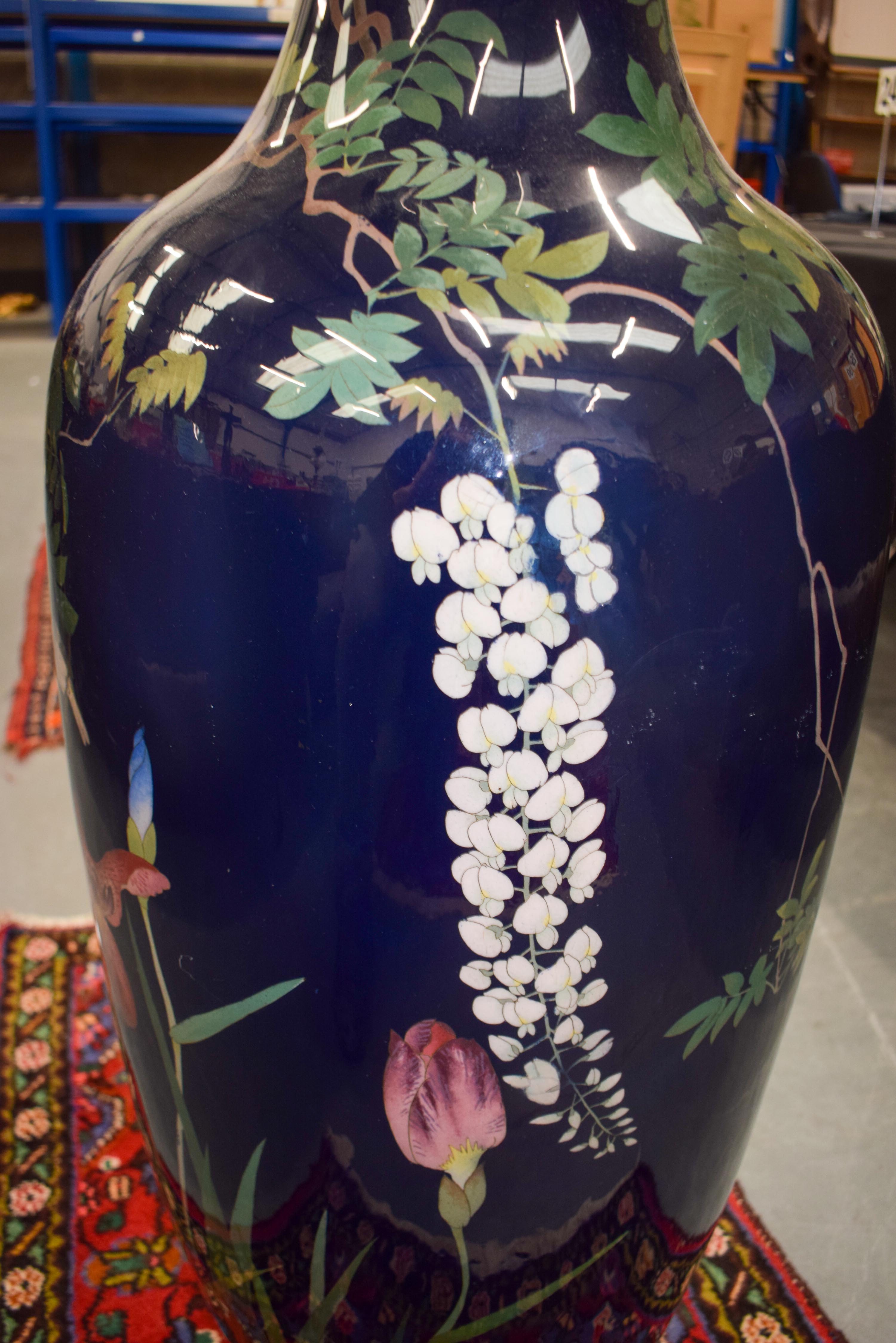 A VERY LARGE 19TH CENTURY JAPANESE MEIJI PERIOD CLOISONNE ENAMEL VASE decorated with birds and flowe - Image 10 of 17