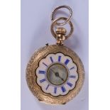 AN ANTIQUE 18CT GOLD AND ENAMEL FOB WATCH. 40 grams overall. 3.25 cm wide.