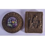 AN ANTIQUE BRASS SNUFF BOX and another. 4 cm x 5.5 cm. (2)