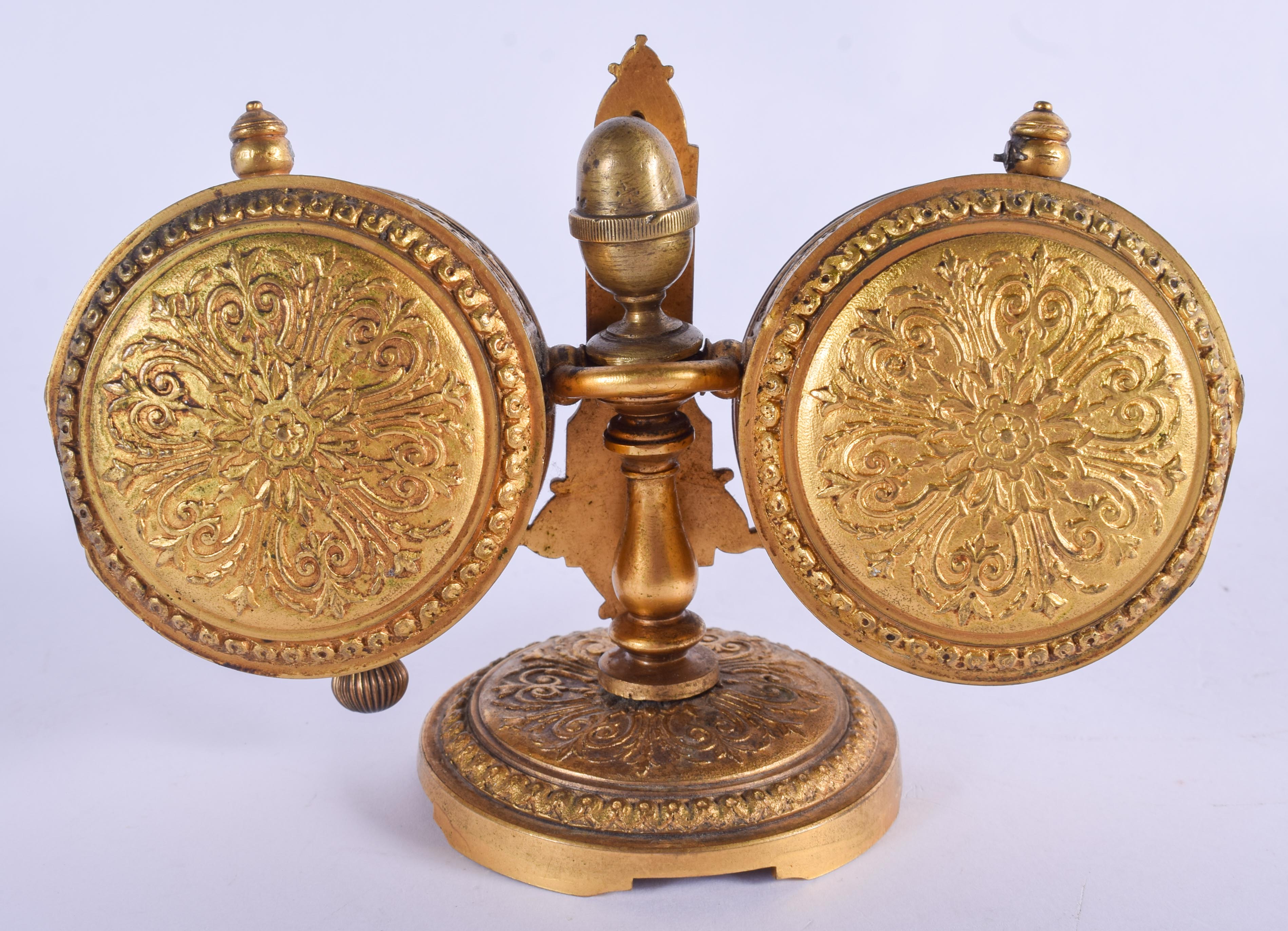 A 19TH CENTURY EUROPEAN GILT METAL CASED BAROMETER CLOCK DESK STAND. 15 cm x 11 cm. - Image 2 of 5