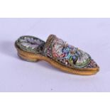 A MINIATURE ANTIQUE MICRO MOSAIC SHOE. 3 cm long.