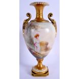 Royal Worcester two handled vase painted with a young woman wearing a bonnet in Venetian style lands