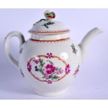18th c. Worcester teapot and cover painted in Chinese export style with flowers in an oval panel. 1