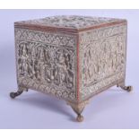 A 19TH CENTURY INDIAN SILVER OVERLAID CASKET decorated with Buddhistic figures. 12 cm x 9 cm.
