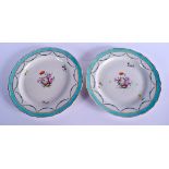 18th c. pair of Chelsea Derby plates with a turquoise border, garlands of husks and a large central