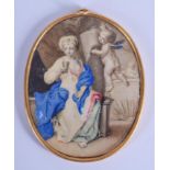 AN 18TH CENTURY CONTINENTAL IVORY PIQUE WORK MINIATURE painted with a cherub and female within a tem