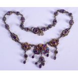 A LOVELY ANTIQUE SILVER ENAMEL AUSTRIAN AMETHYST NECKLACE decorated with foliage and vines. 50 grams