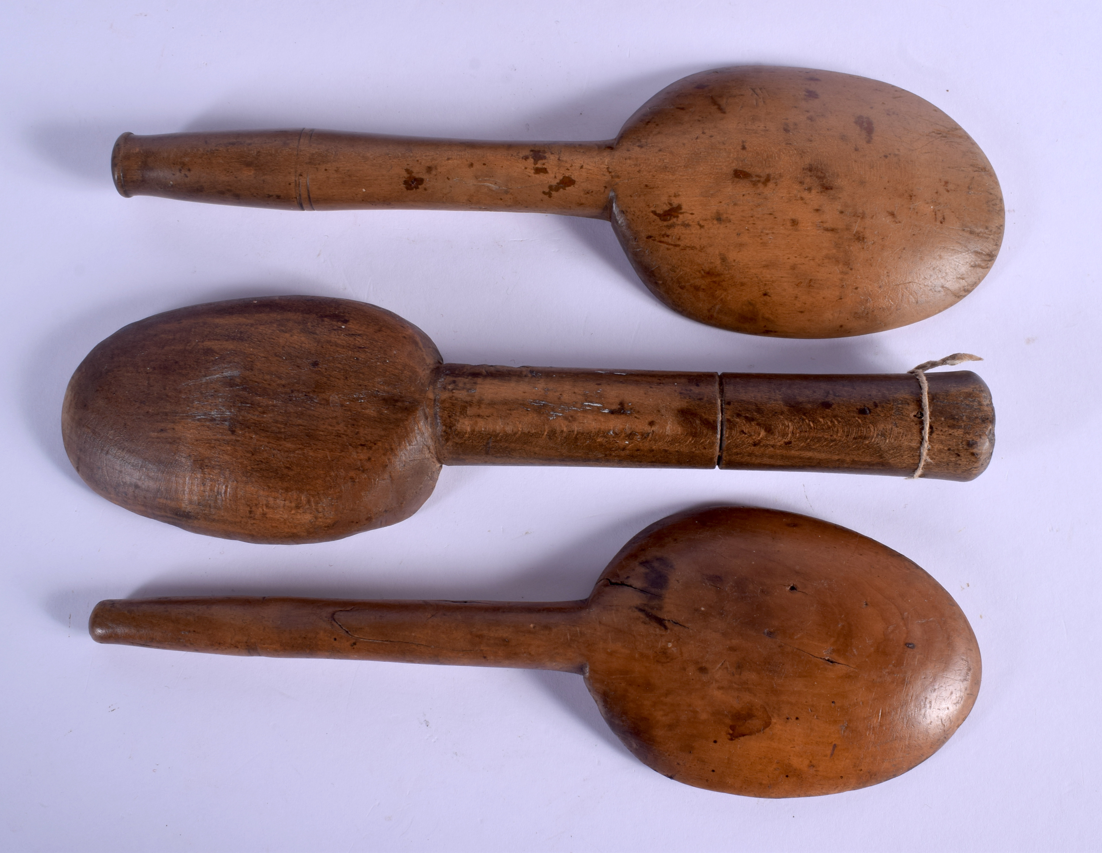 THREE FRUITWOOD DAIRY SPOONS and a basket. Largest 28 cm x 20 cm. (4) - Image 2 of 4