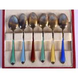 SIX 1950S SILVER AND ENAMEL SPOONS. Birmingham 1959. 63 grams. (6)