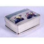 A SILVER MOTOR BIKE RACING PILL BOX. 3 cm x 2.75 cm.