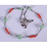 AN ART DECO SILVER JADE AND CORAL BRACELET. 36 cm long.