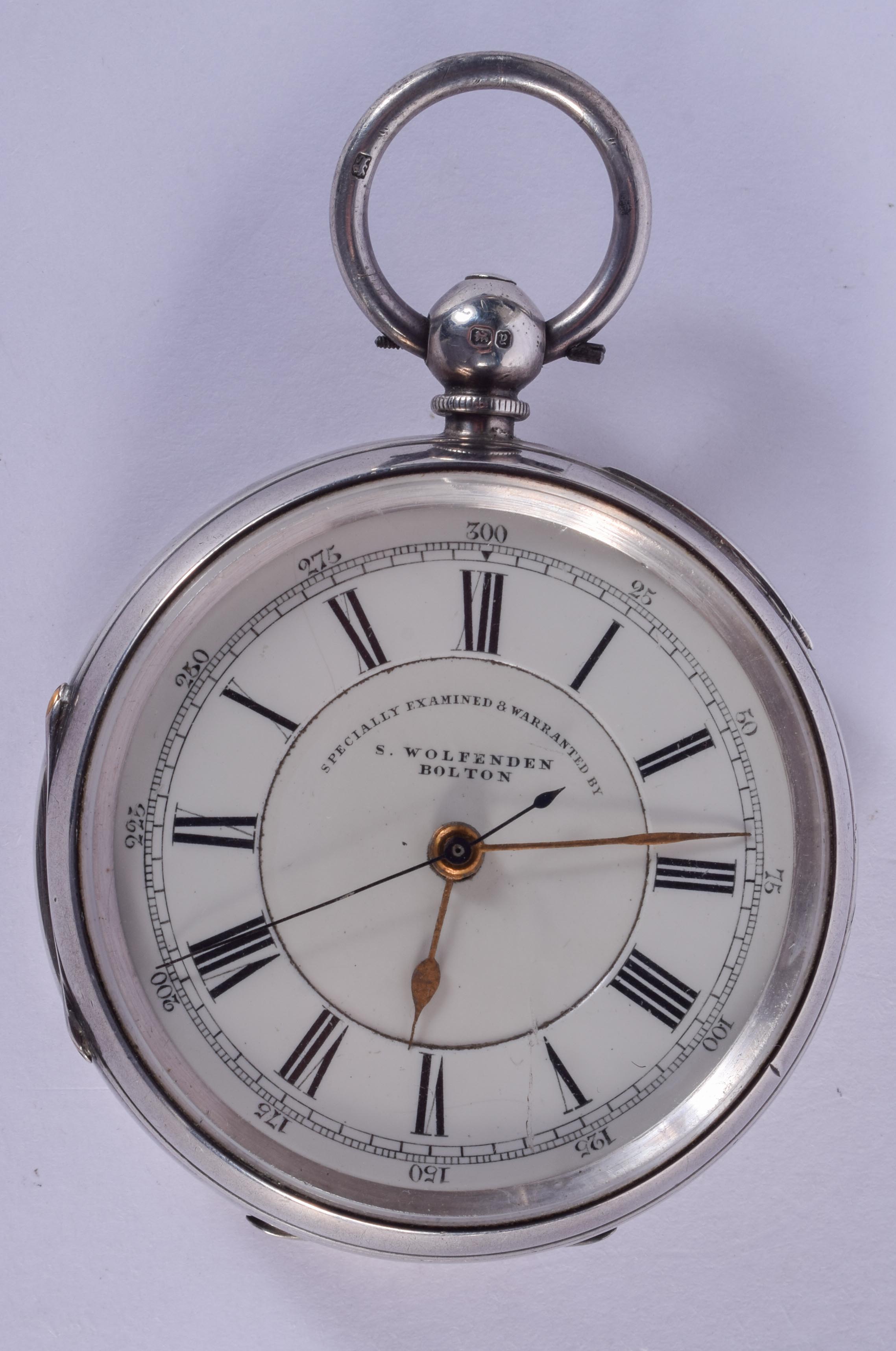 AN ANTIQUE SILVER S WOLFENDER OF BRIGHTON POCKET WATCH. 5.5 cm diameter.