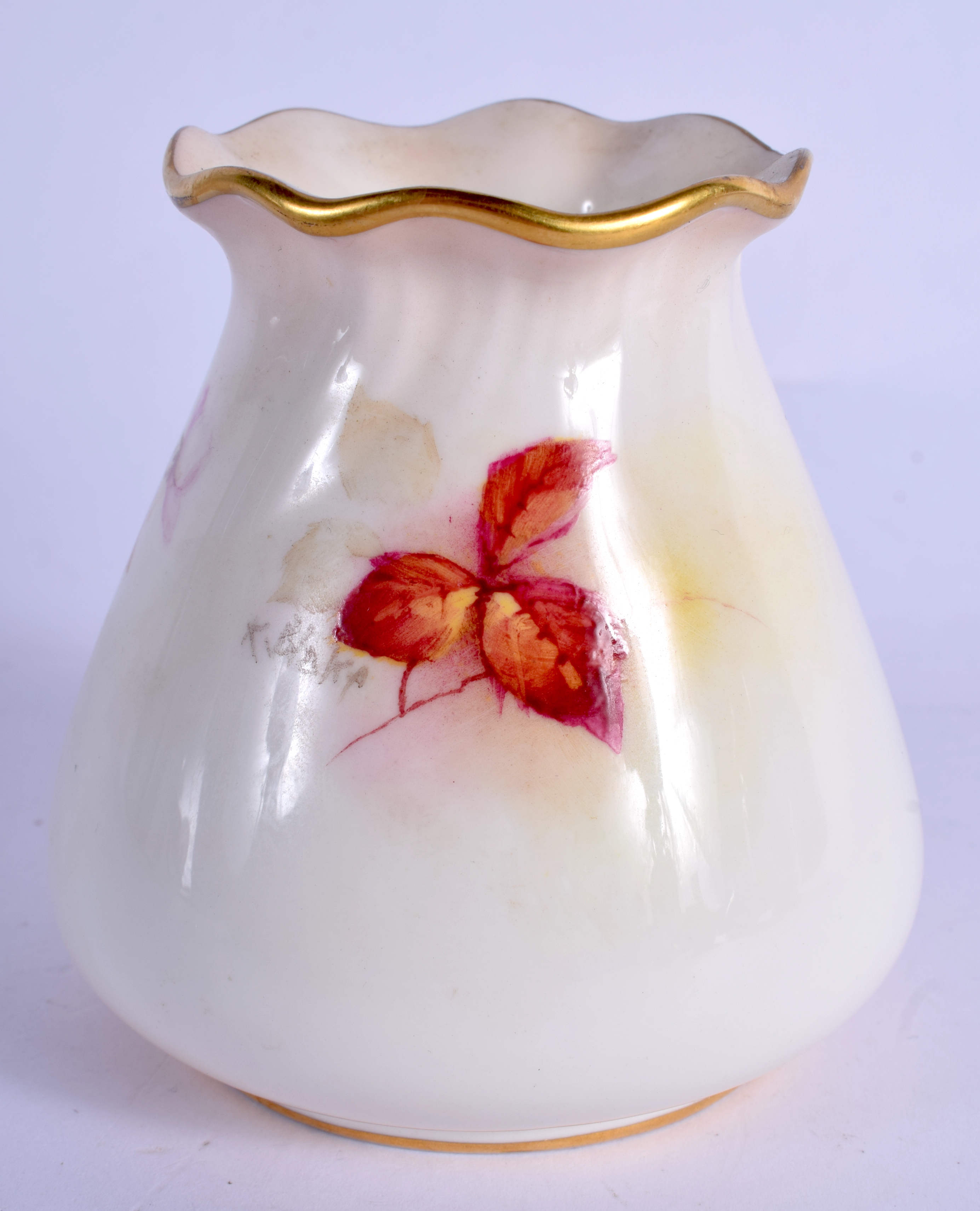 Royal Worcester sack shaped vase with pie crust rim painted with autumnal leaves and berries by Kitt - Image 2 of 3