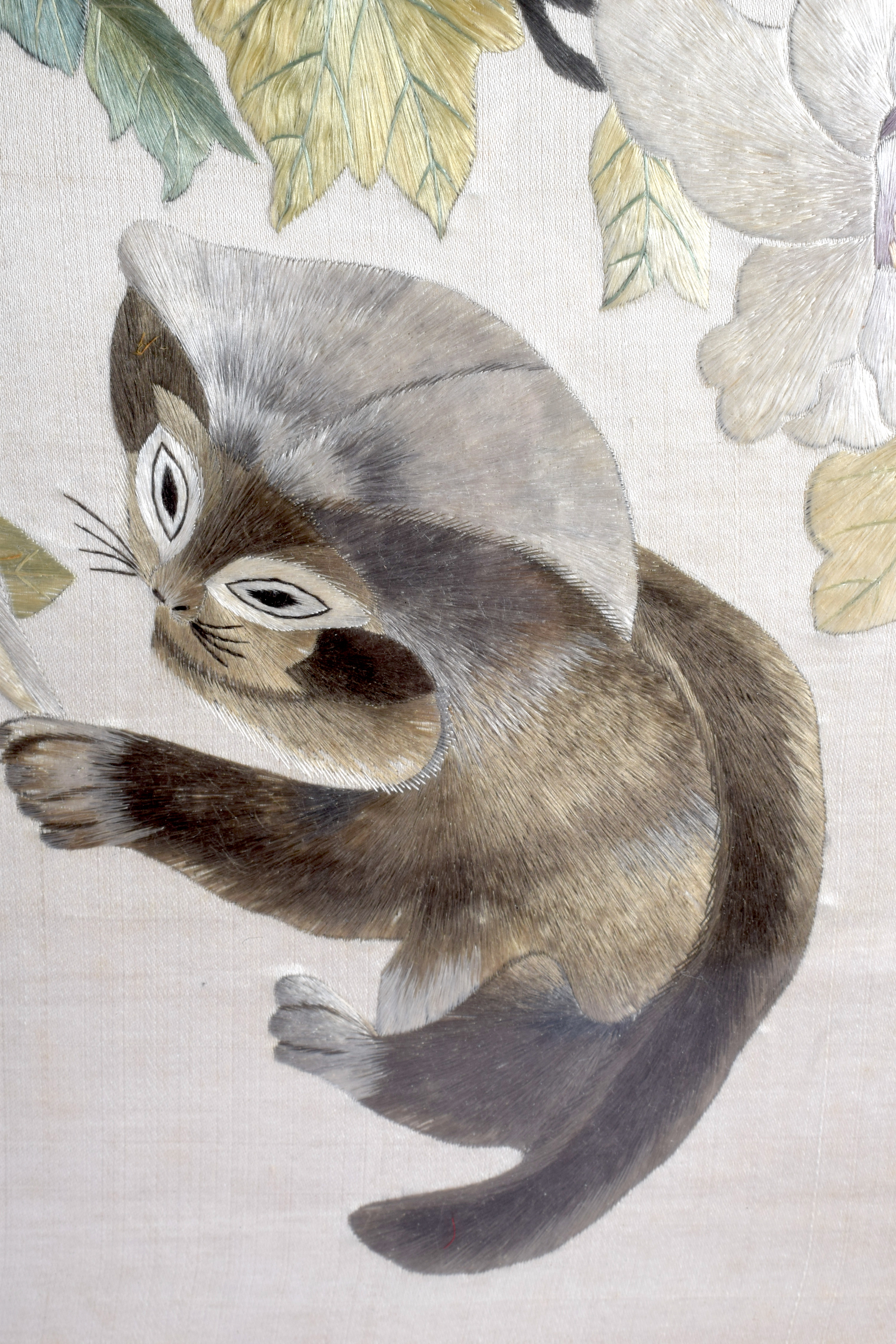 A RARE PAIR OF 19TH CENTURY CHINESE SILK EMBROIDERED PANELS depicting red panda and butterflies. Ima - Image 4 of 6