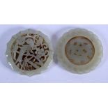 TWO CHINESE CARVED JADE PLAQUES 20th Century. 5.25 cm wide. (2)