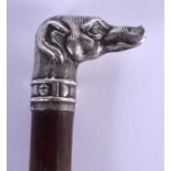 AN ANTIQUE SILVER WHIPPET HEAD BAMBOO CANE. 80 cm long.