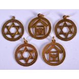 FIVE YELLOW METAL MASONIC PENDANTS. (5)