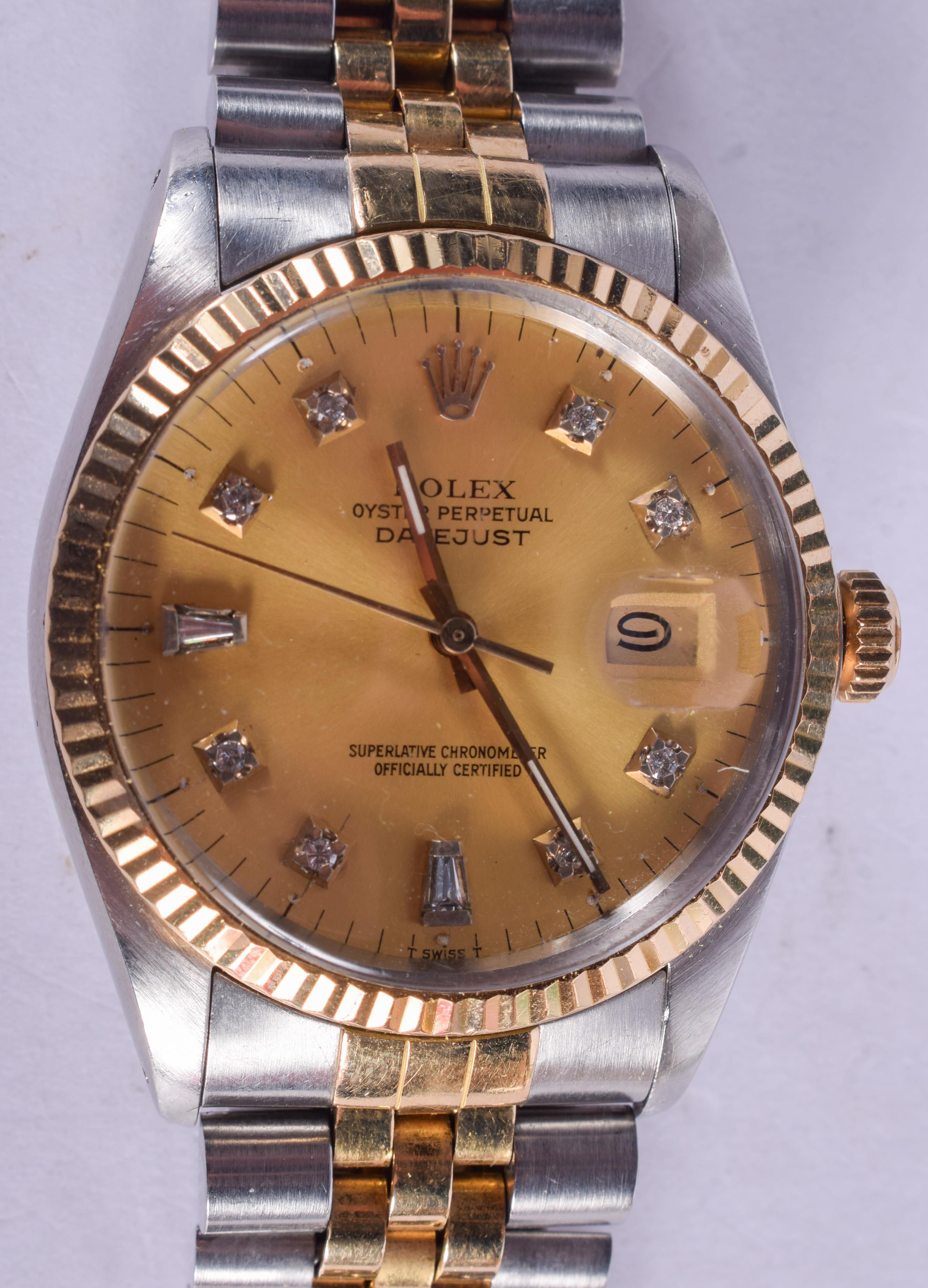 A BOXED ROLEX TWO TONE DIAMOND EMBELLISHED DATE JUST WRISTWATCH. 3.5 cm wide, strap 15 cm inc clasp