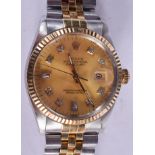 A BOXED ROLEX TWO TONE DIAMOND EMBELLISHED DATE JUST WRISTWATCH. 3.5 cm wide, strap 15 cm inc clasp