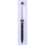 AN UNUSUAL CONTINENTAL SILVER GILT ENAMEL AND NEPHRITE LETTER OPENER. 113 grams. 24 cm long.