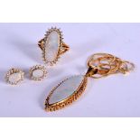 A SUITE OF 18CT GOLD OPAL AND DIAMOND JEWELLERY. 32.8 grams. Ring V. Pendant 4.5 cm x 1 cm. (4)