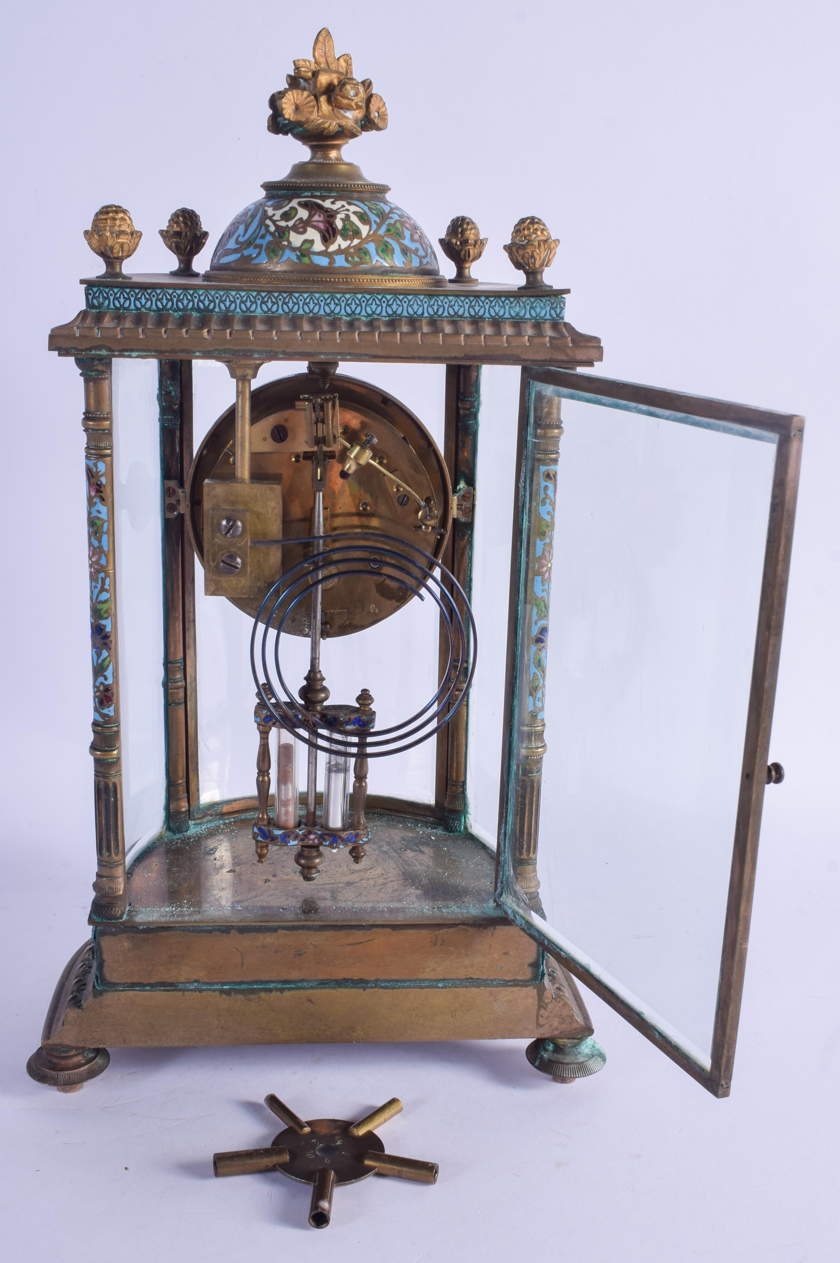 A 19TH CENTURY FRENCH CHAMPLEVE ENAMEL BRONZE REGULATOR MANTEL CLOCK. 36 cm x 12 cm. - Image 3 of 3