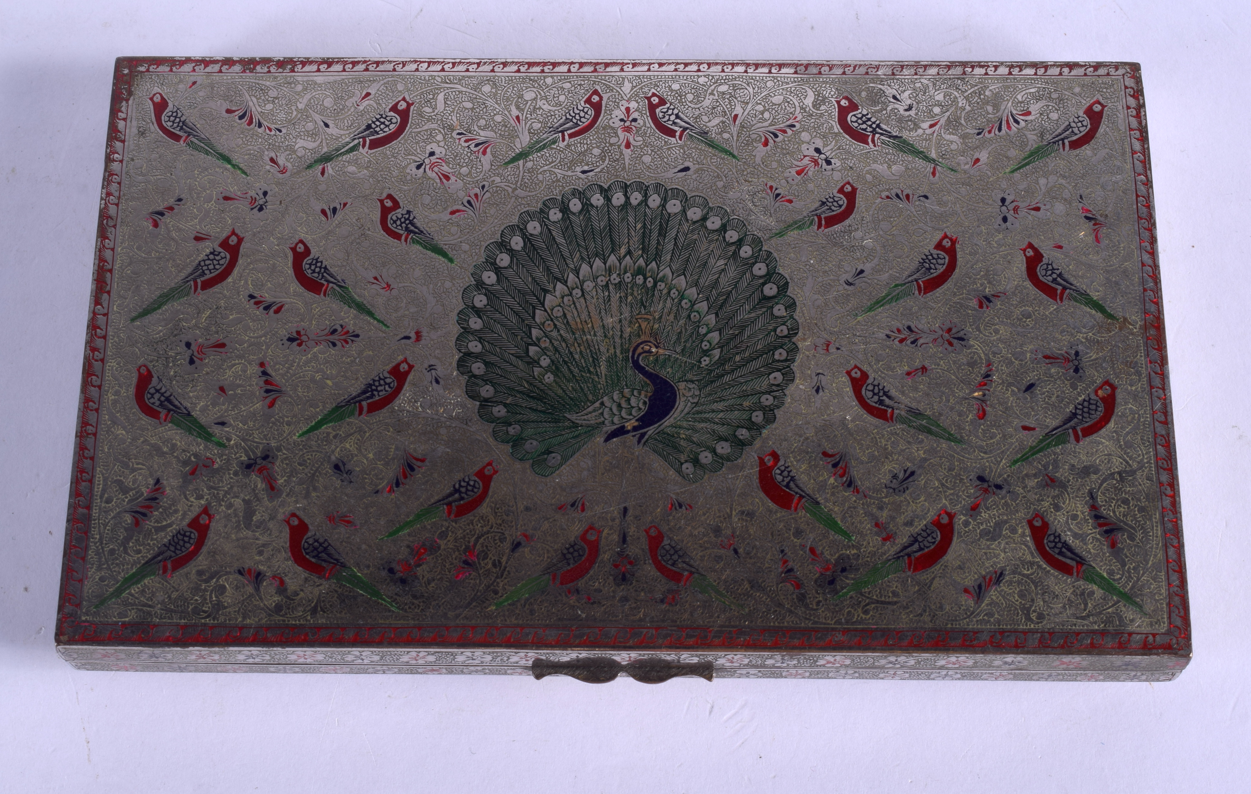 A LOVELY PERSIAN ENAMELLED RECTANGULAR BOX finely decorated with birds, set with an emerald, sapphir - Image 4 of 10