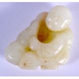 A CHINESE CARVED WHITE JADE FIGURE OF A BOY 20th Century. 5.5 cm x 4.5 cm.