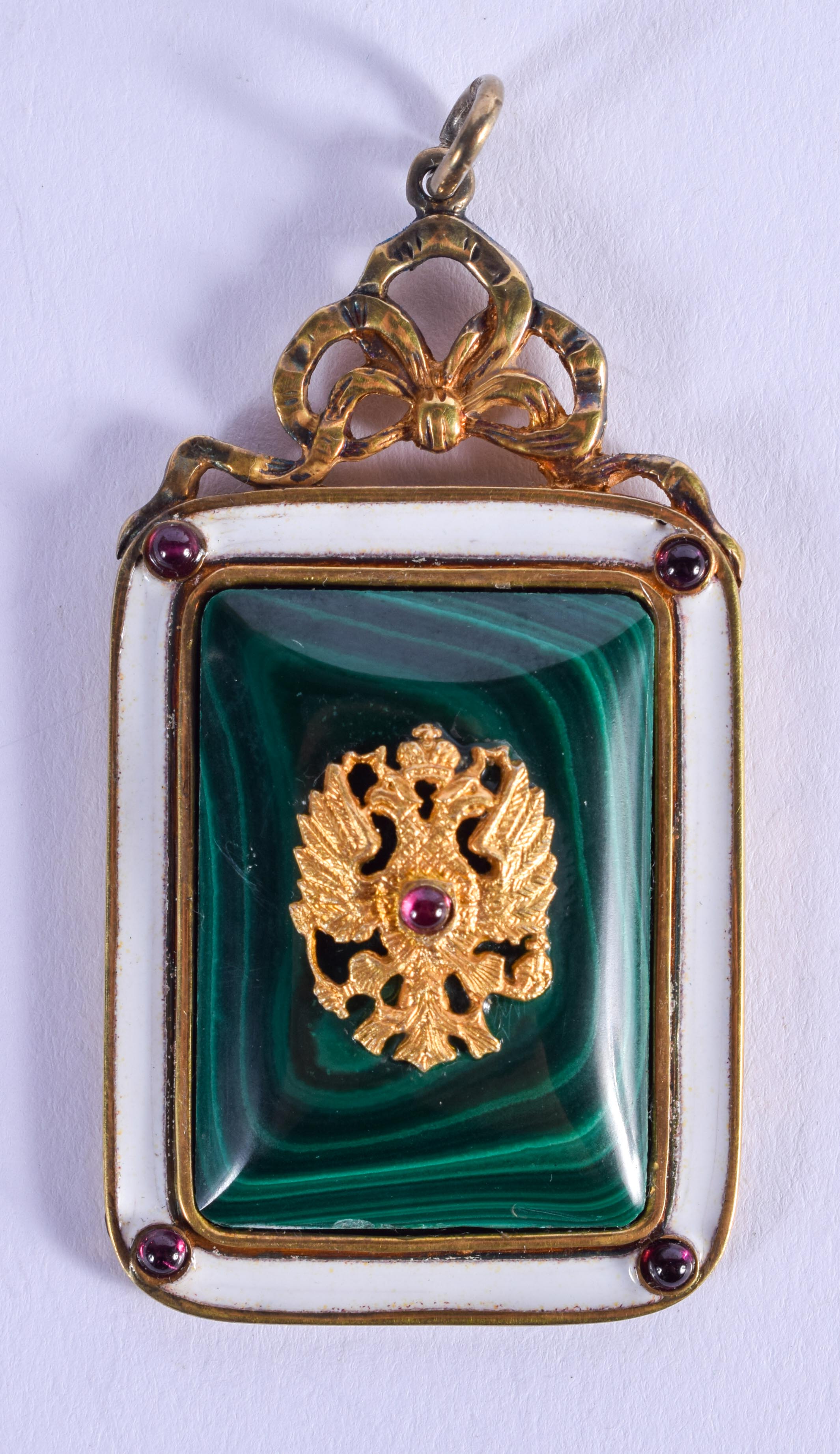 A CONTINENTAL SILVER GILT ENAMEL AND MALACHITE PENDANT. 6 cm x 3.5 cm.