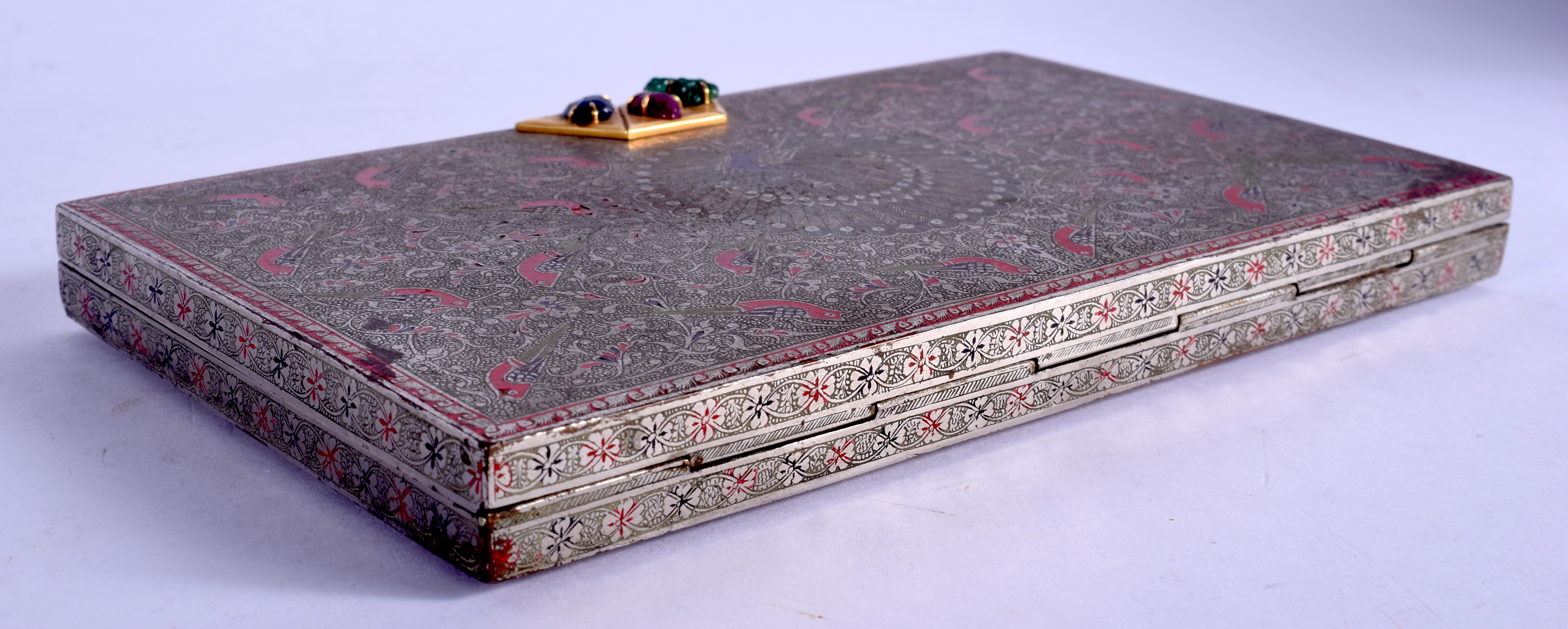 A LOVELY PERSIAN ENAMELLED RECTANGULAR BOX finely decorated with birds, set with an emerald, sapphir - Image 3 of 10