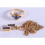 A STYLISH 18CT GOLD SAPPHIRE AND DIAMOND NECKLACE with matching necklace. 7.5 grams. Ring I/J. (2)