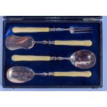 A CASED SET OF ANTIQUE SILVER AND IVORY UTENSILS. (4)
