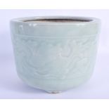 A 19TH CENTURY CHINESE CELADON PORCELAIN JARDINIERE Qing, decorated with foliage. 18 cm x 13 cm.