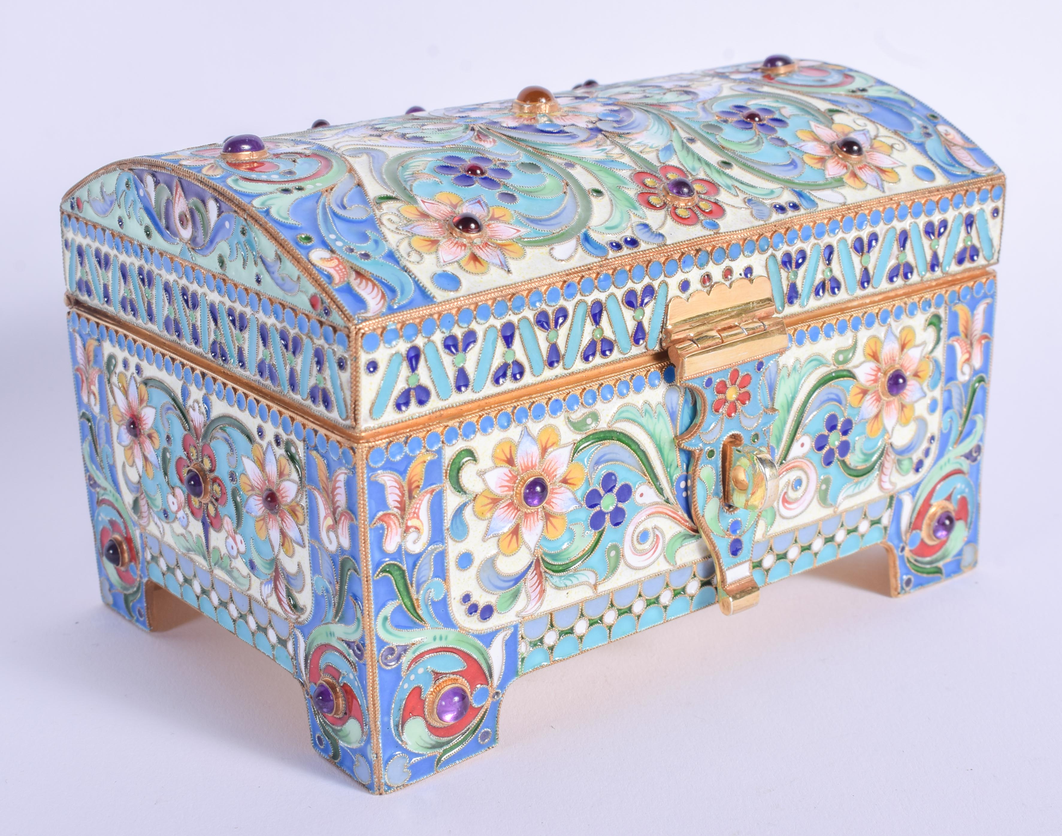 A CONTINENTAL SILVER AND ENAMEL JEWELLED CASKET. 524 grams. 12 cm x 8 cm .