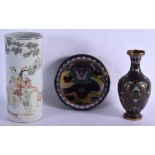 AN EARLY 20TH CENTURY CHINESE FAMILLE ROSE PORCELAIN VASE together with two cloisonne items. Largest