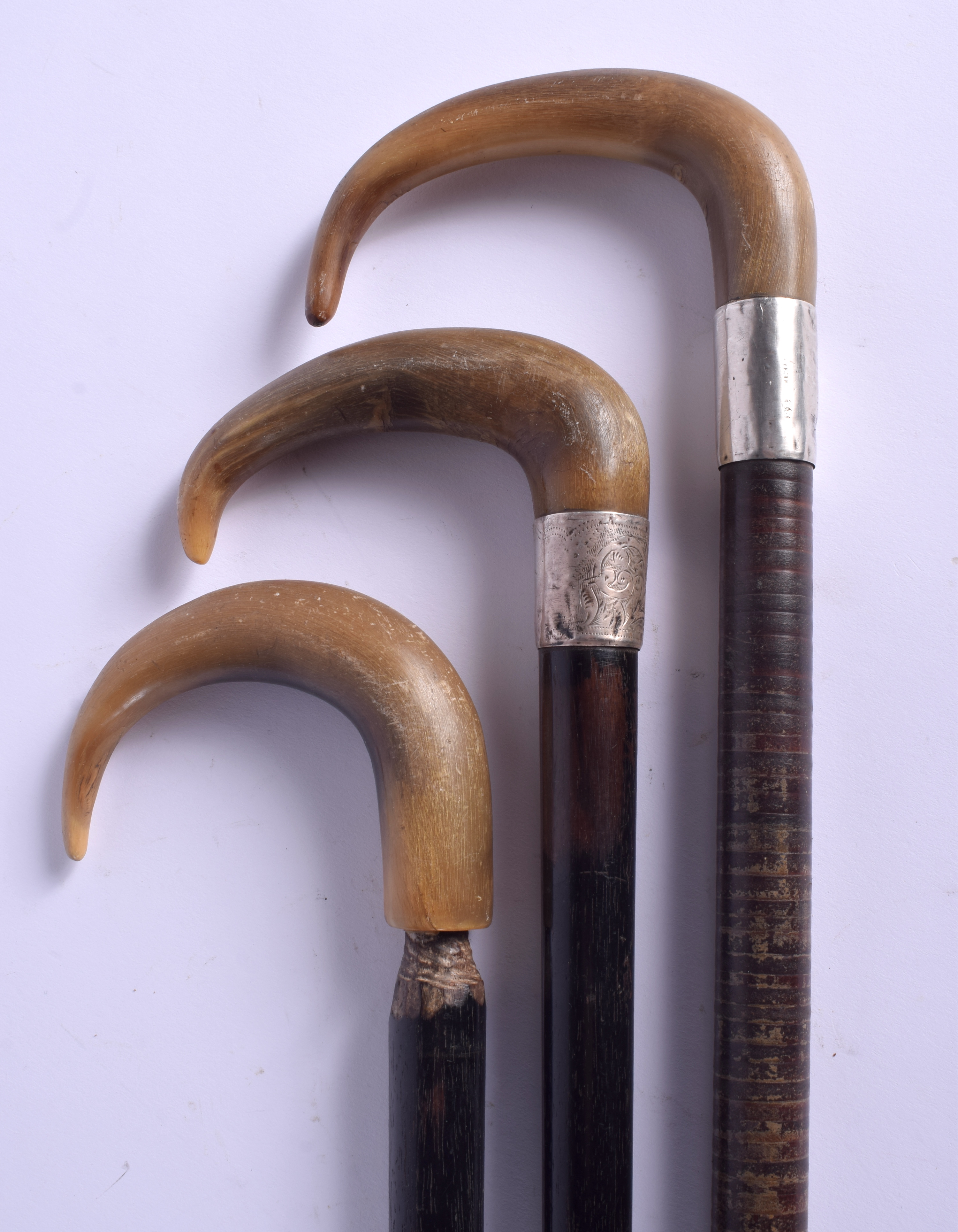 THREE 19TH CENTURY CONTINENTAL RHINOCEROS HORN HANDLED WALKING CANES. Largest 90 cm long. (3)