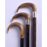 THREE 19TH CENTURY CONTINENTAL RHINOCEROS HORN HANDLED WALKING CANES. Largest 90 cm long. (3)