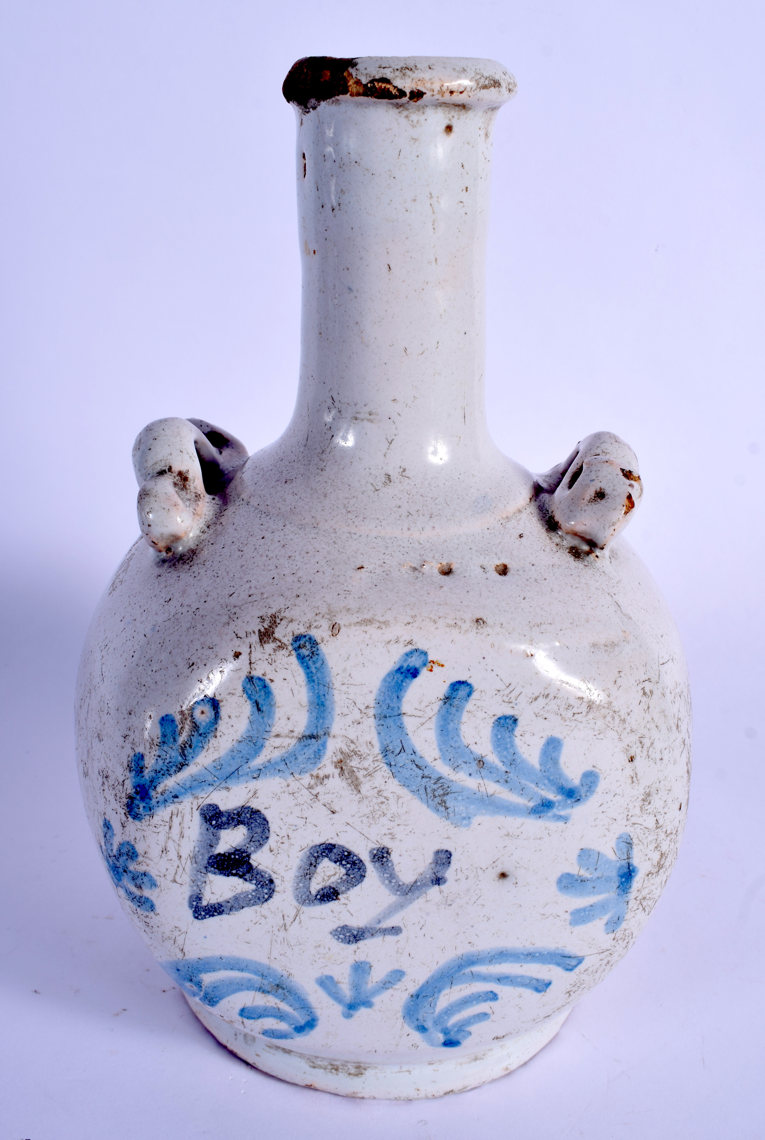 AN 18TH/19TH CENTURY DELFT FAIENCE TIN GLAZED BOTTLE. 21 cm x 9 cm.