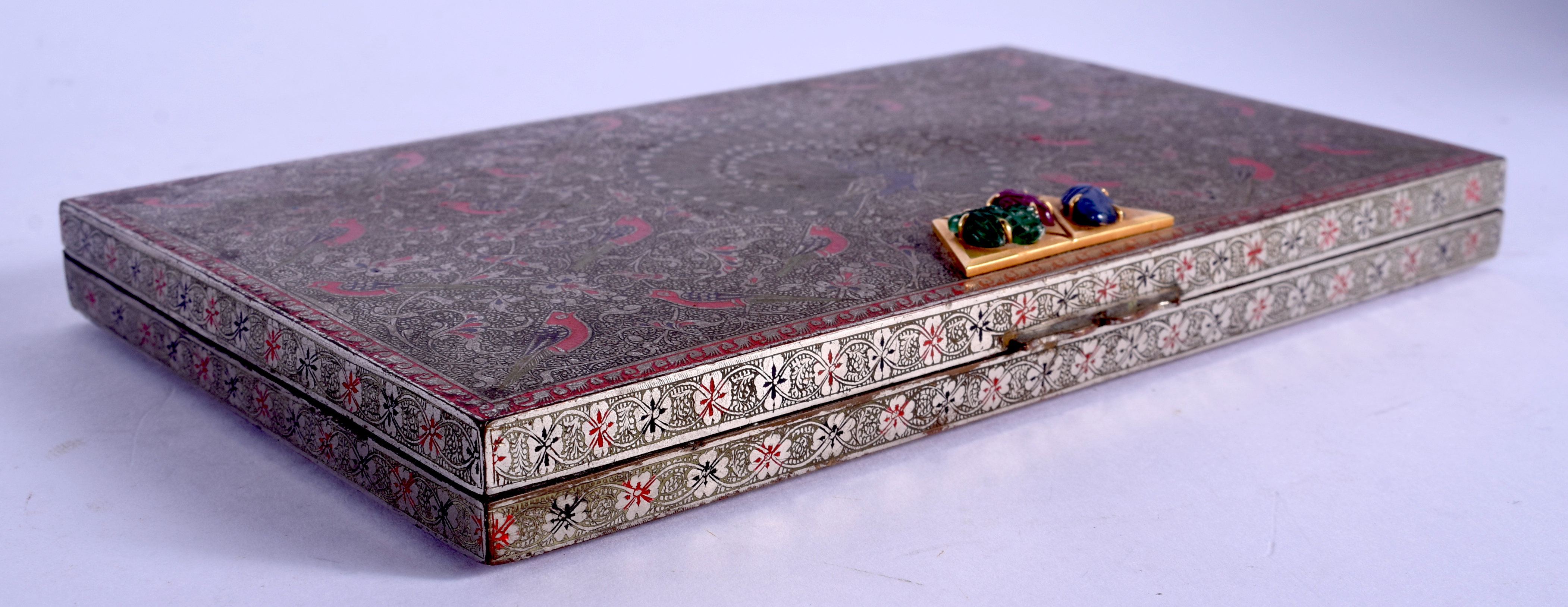 A LOVELY PERSIAN ENAMELLED RECTANGULAR BOX finely decorated with birds, set with an emerald, sapphir - Image 2 of 10