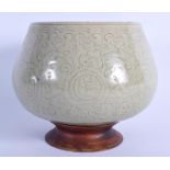 A 19TH CENTURY CHINESE KOREAN CELADON BOWL CENSER decorated with foliage and motifs. 15 cm x 15 cm.