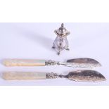 A PAIR OF VICTORIAN SILVER BLADED KNIVES and a plated condiment. Sheffield 1846 & 1848. (3)