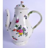 18th c. Bristol coffee pot and cover with twig handle painted with flowers. 18cm long, 20.5cm high