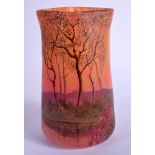 A FRENCH ART NOUVEAU LEGRAS CAMEO GLASS VASE enamelled with trees. 17.5 cm high.