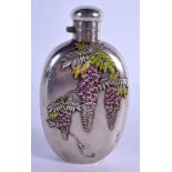 A FINE 19TH CENTURY JAPANESE MEIJI PERIOD SILVER AND ENAMEL HIP FLASK decorated with wisteria. 169 g